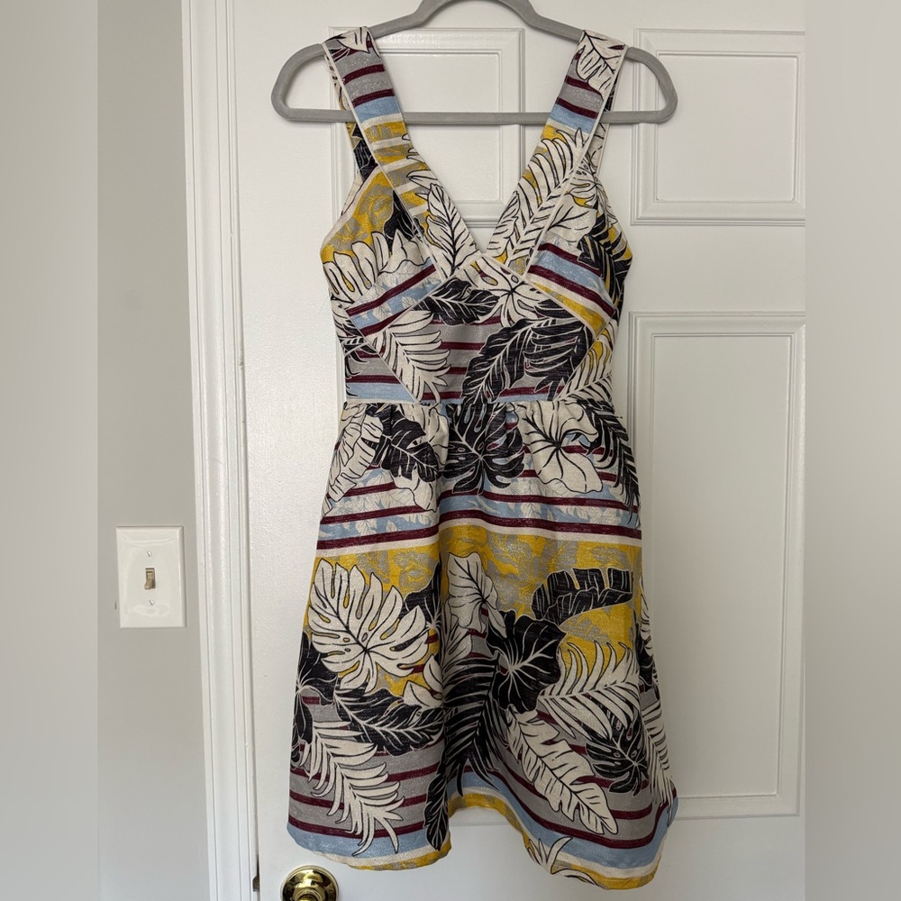 H&M Floral Leaf Fit & Flare Midi Dress in Yellow, Black & Cream